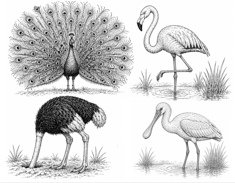 Peacock, ostrich, flamingo, and spoonbill