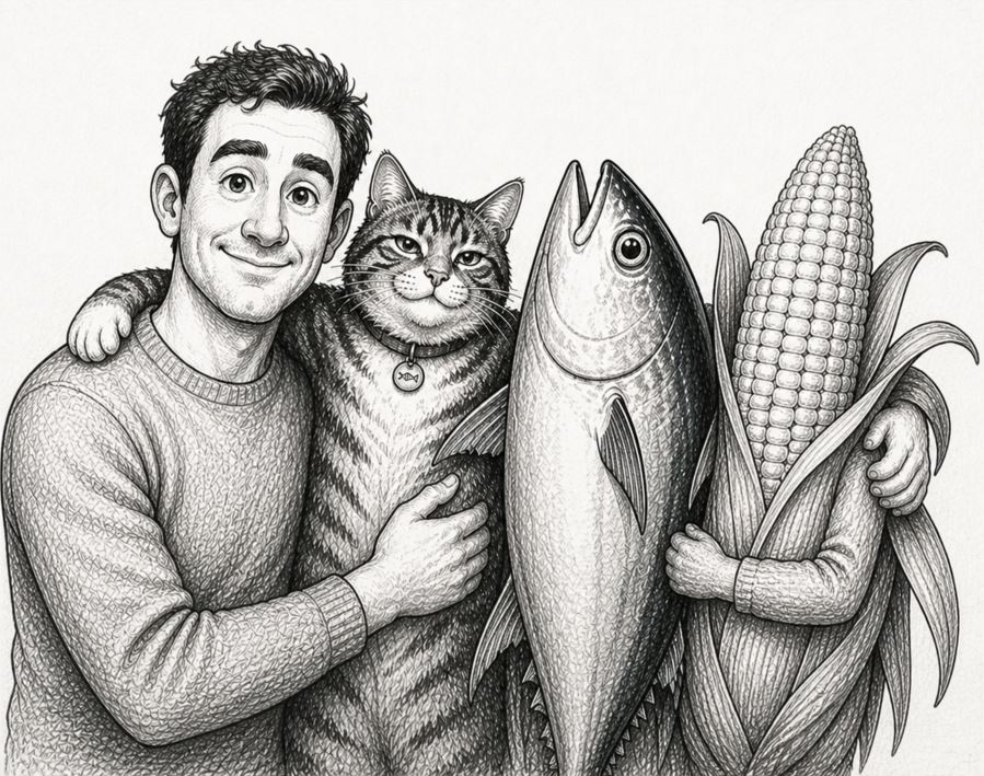 Black and white family portrait of a human, cat, tuna fish, and ear of corn