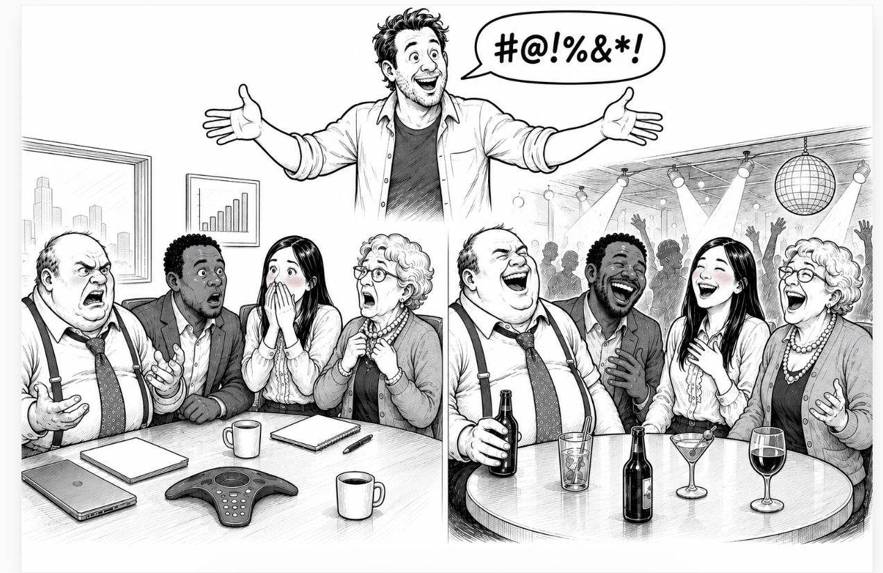 person swearing in front of work colleagues they are shocked. Same person stand up nightclub, same people roar with laughter.