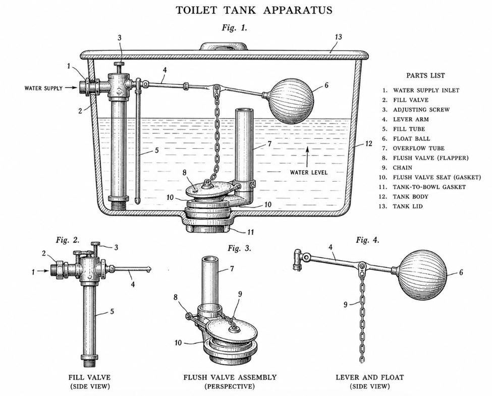 Patent-like drawing of a toilet tank apparatus